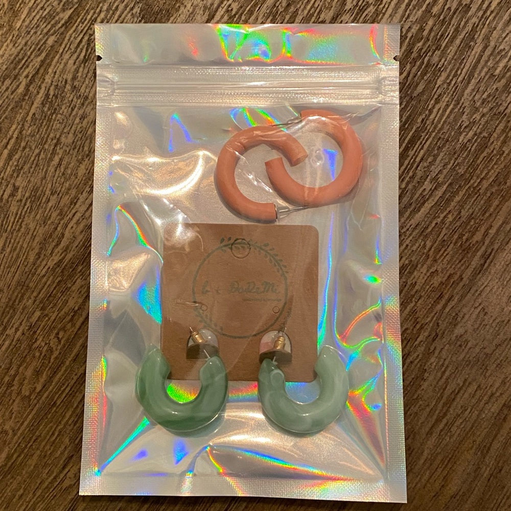 Jade and coral acrylic hoop earrings; never worn.